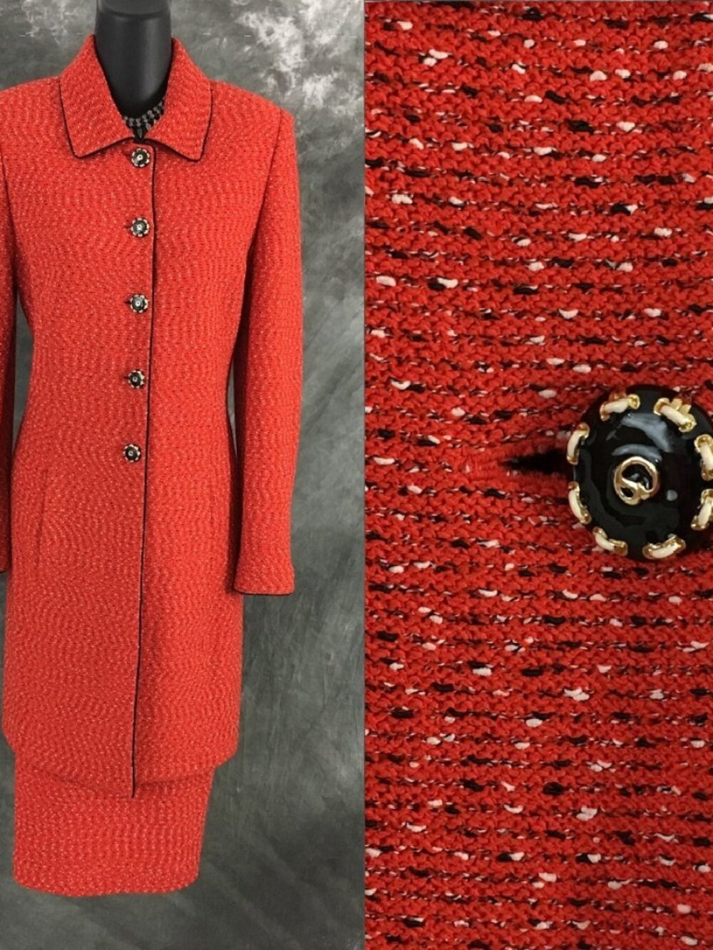 BEAUTIFUL St John collection knit orange black multi jacket skirt suit 6 8